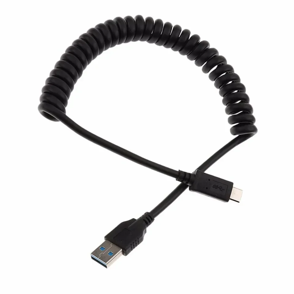 Cabo espiral para celular e tablet, linha de dados USB 3.0, macho para tipo C macho, 3A carregamento e sincronização de dados, mola enrolada