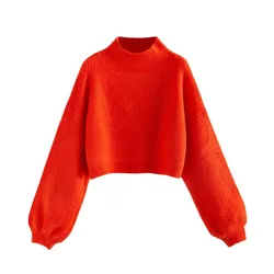 Autumn Winter Turtleneck Sweater Women Solid Color Lantern Sleeve Short Pullover Casual Warm Thick Knitted Shirt