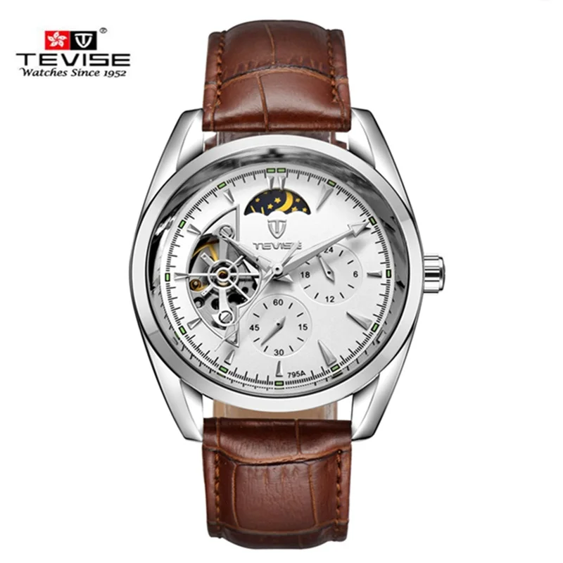 Fashion Tevise Top Brand Automatic Mechanical Leather Tourbillon Waterproof Moon Phase Watches Luminous Male Clock Leather Hour