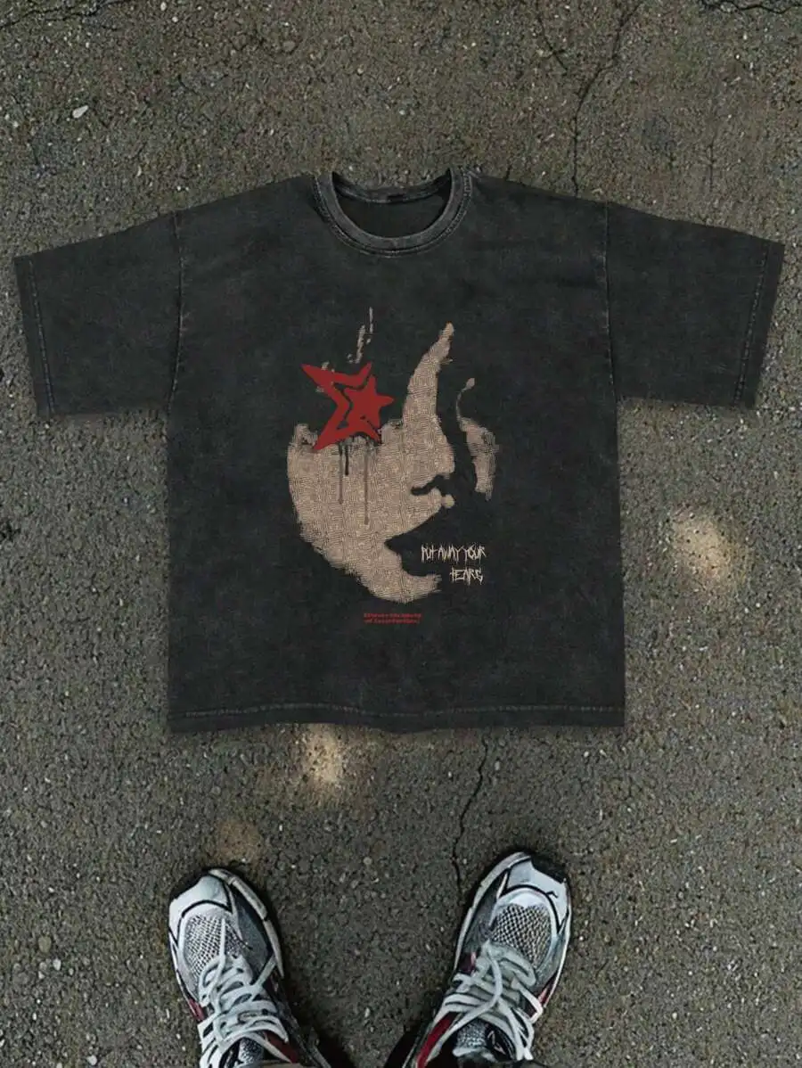 Camiseta informal de verano con cuello redondo para hombre, talla grande, con silueta de estrella fantasmal y estampado de rostro