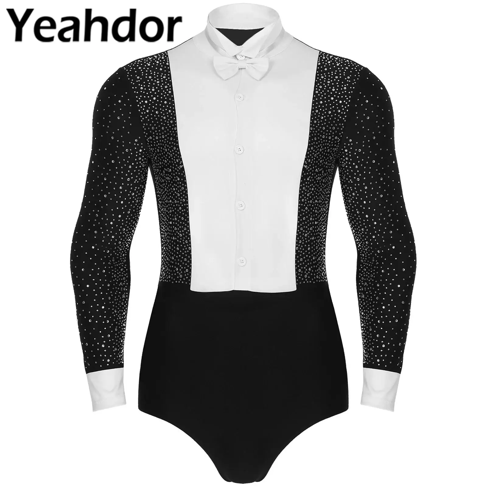 Men's Shiny Latin Ballet Dance Shirt Leotard Ballroom Costume Long Sleeves Samba Salsa Performance Rumba Bodysuit with Bowtie