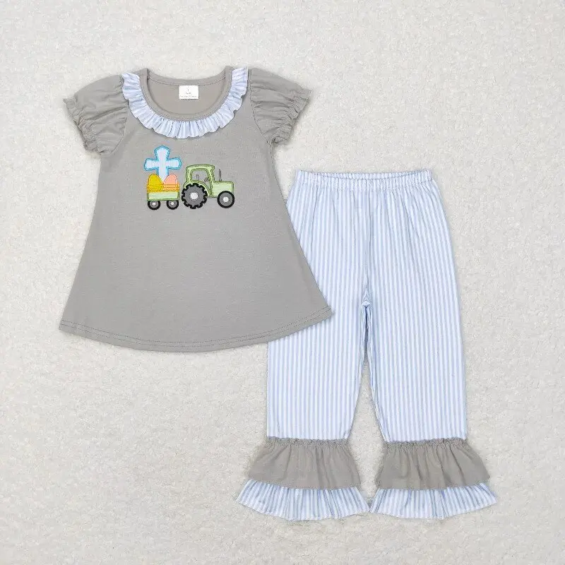 Easter Embroidery Cross Egg Pattern boys Outfits Wholesale Boutique Gray Short Sleeve Tops Long Pants Gray Boy Spring Outfits