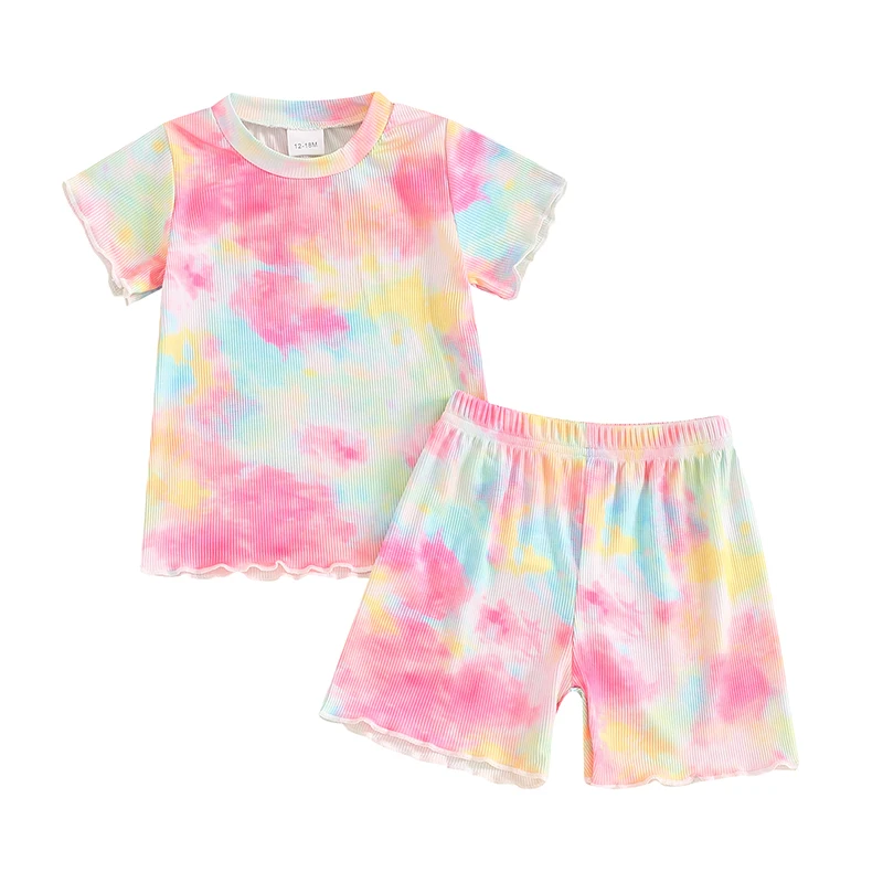 Toddler Girl Summer Outfit Tie-Dye Print Round Neck Short Sleeve Tops and Shorts 2Pcs Clothes Set