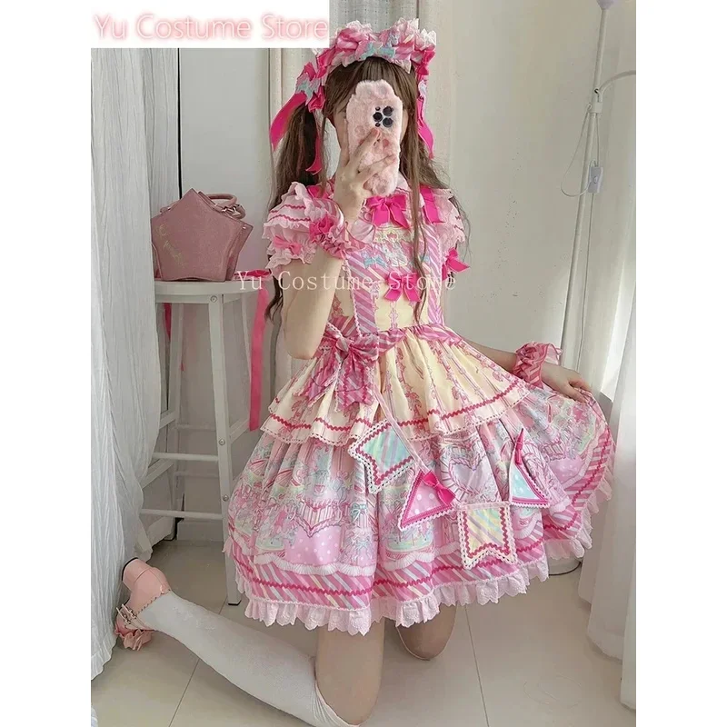 Sweet and Cute Girls Lolita Sets 2024 Summer -sleeved Student Shirt Jsk Short Strap Dress Kawaii Women's Outfits5;c,8'z,6.k;