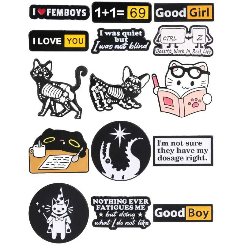 Dark Humor Enamel Pin Punk Skeleton Wizard Cat Brooches Sarcastic Sayings Badge Fun Jewelry Gift for Friends Lover