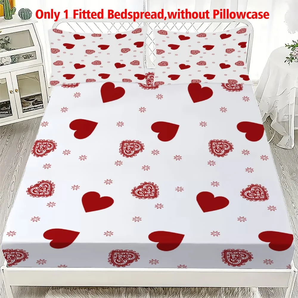 1Pc Red Hearts Print Fitted Sheet Deep Pocket Elastic Mattress Cover Single Double Queen King Bedroom Decor
