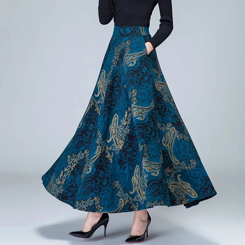 Plus Size 5XL 6XLElegant Floral Women's Brocade Skirt 2023 Autumn Winter Pocket Retro Women's Slim Fragmented Flower Maxi Skirts