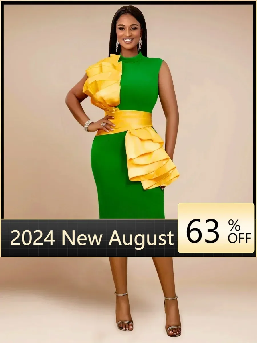 

Green Midi Dresses Mock Neck Sleeveless Yellow Ruffles Empire Package Hip Evening Cocktail Event Party Gowns for Women