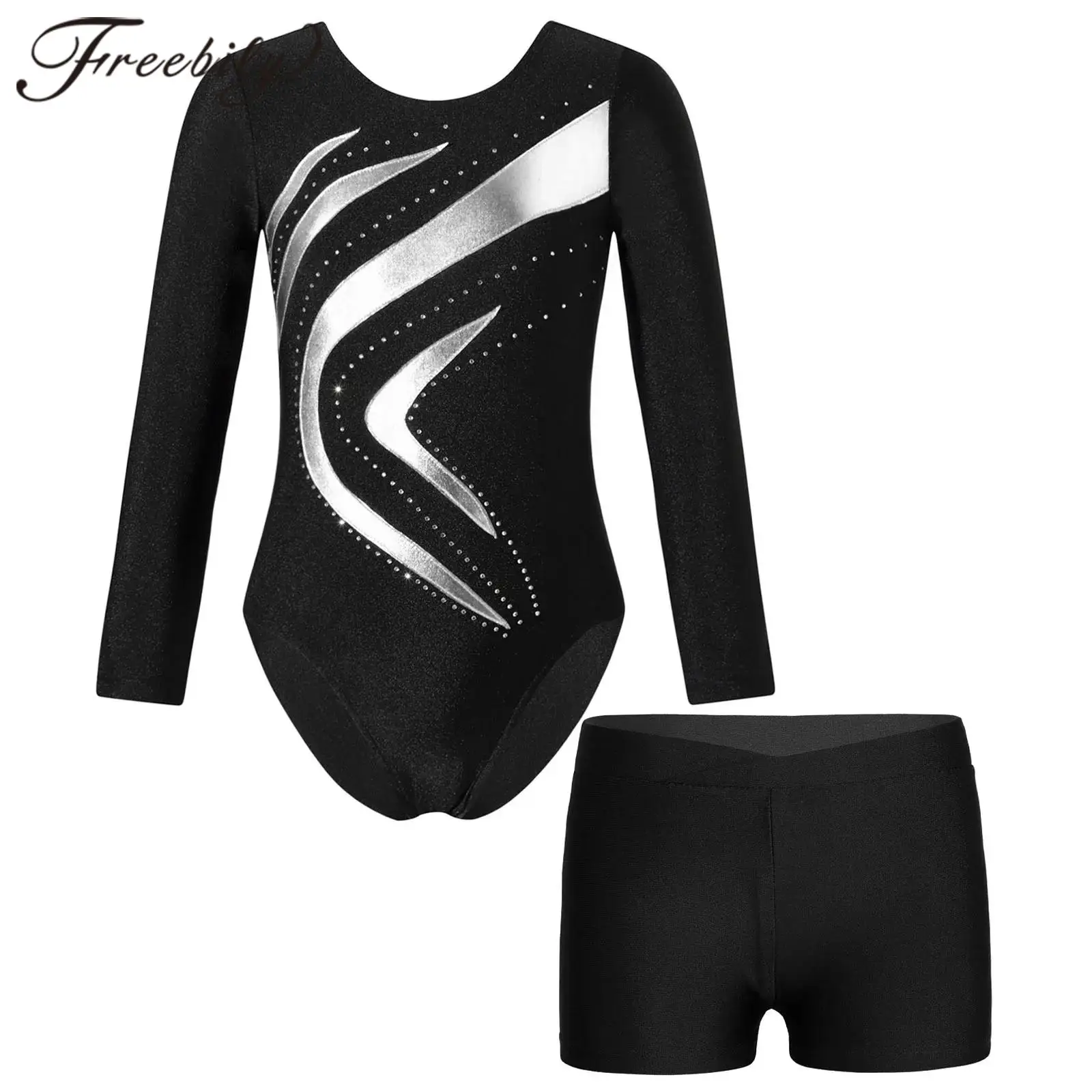 Kids Patchwork Gymnastics Leotard Long Sleeve Bodysuit Dancewear Sets Ballet Outfit for Girls Children Figure Skating Jumpsuit