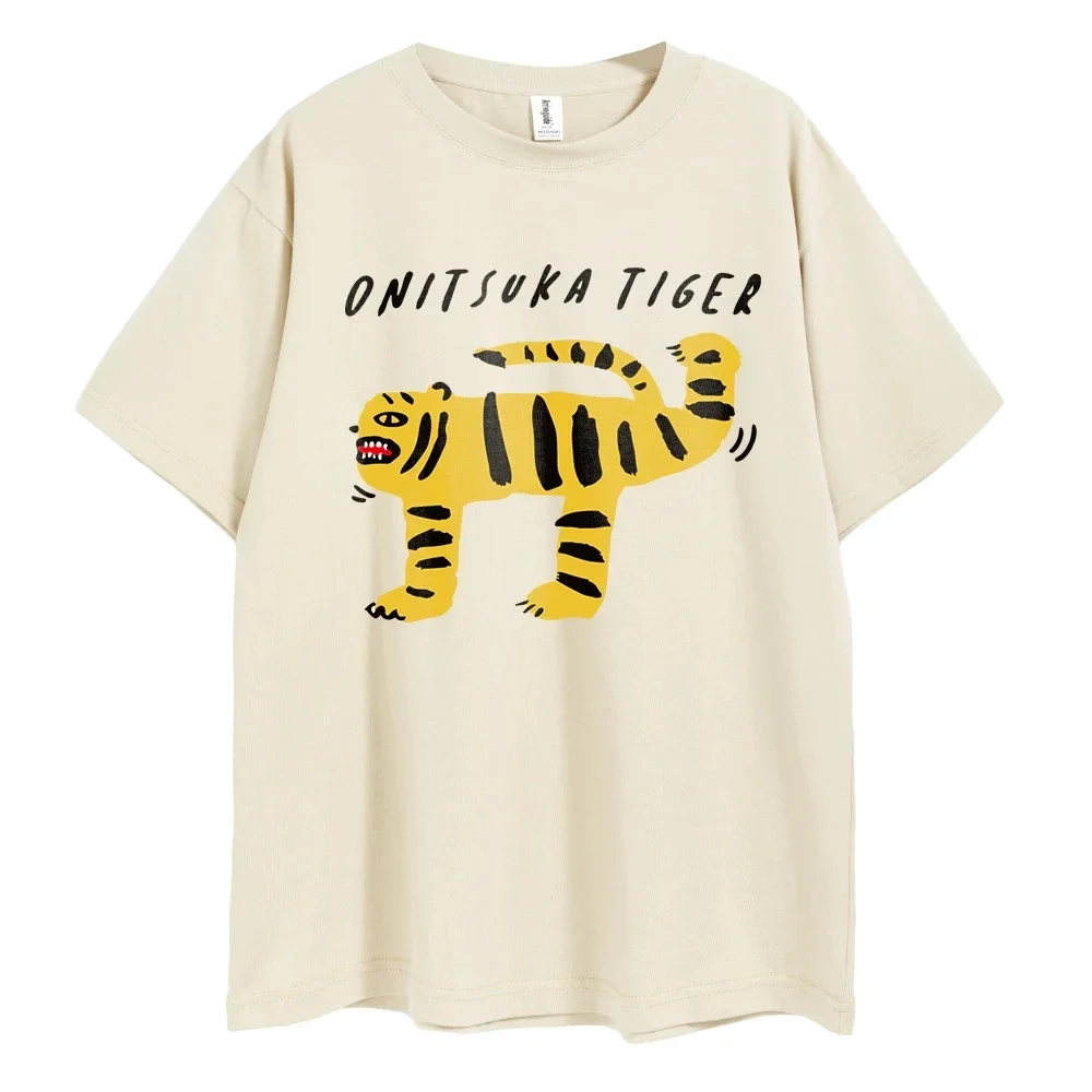 Onitsuka Tiger Cartoon Printed Men's Harajuku Funny T Shirt Oversized Y2k Graphic Tees for Women Tops Fashion Streetwear