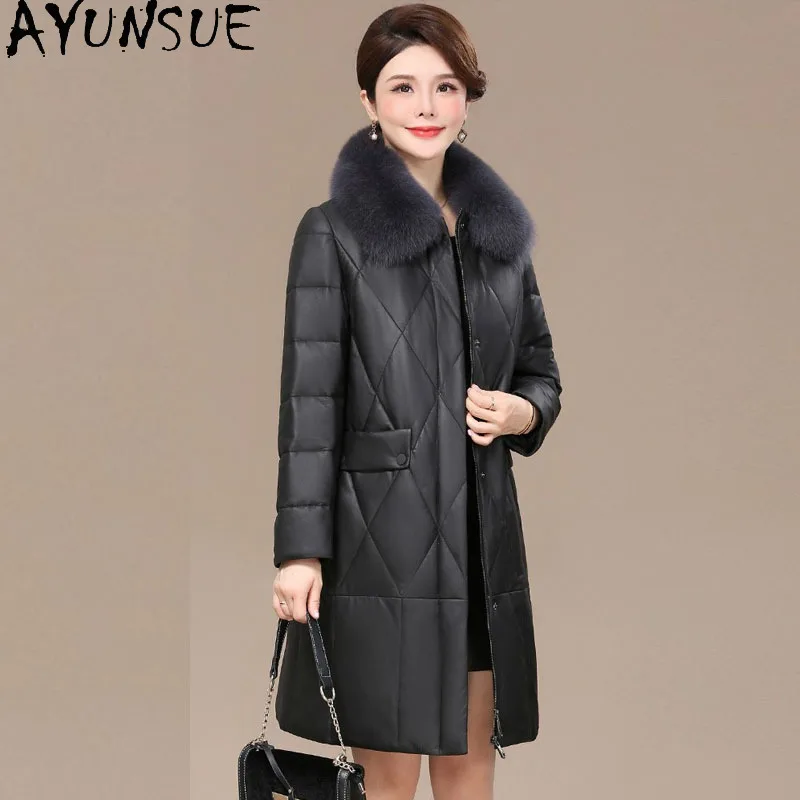 AYUNSUE Piumino in vera pelle Donna Abiti invernali 2025 Cappotto di pelle di pecora di media lunghezza per donna Collo di pelliccia di volpe Jaqueta Couro
