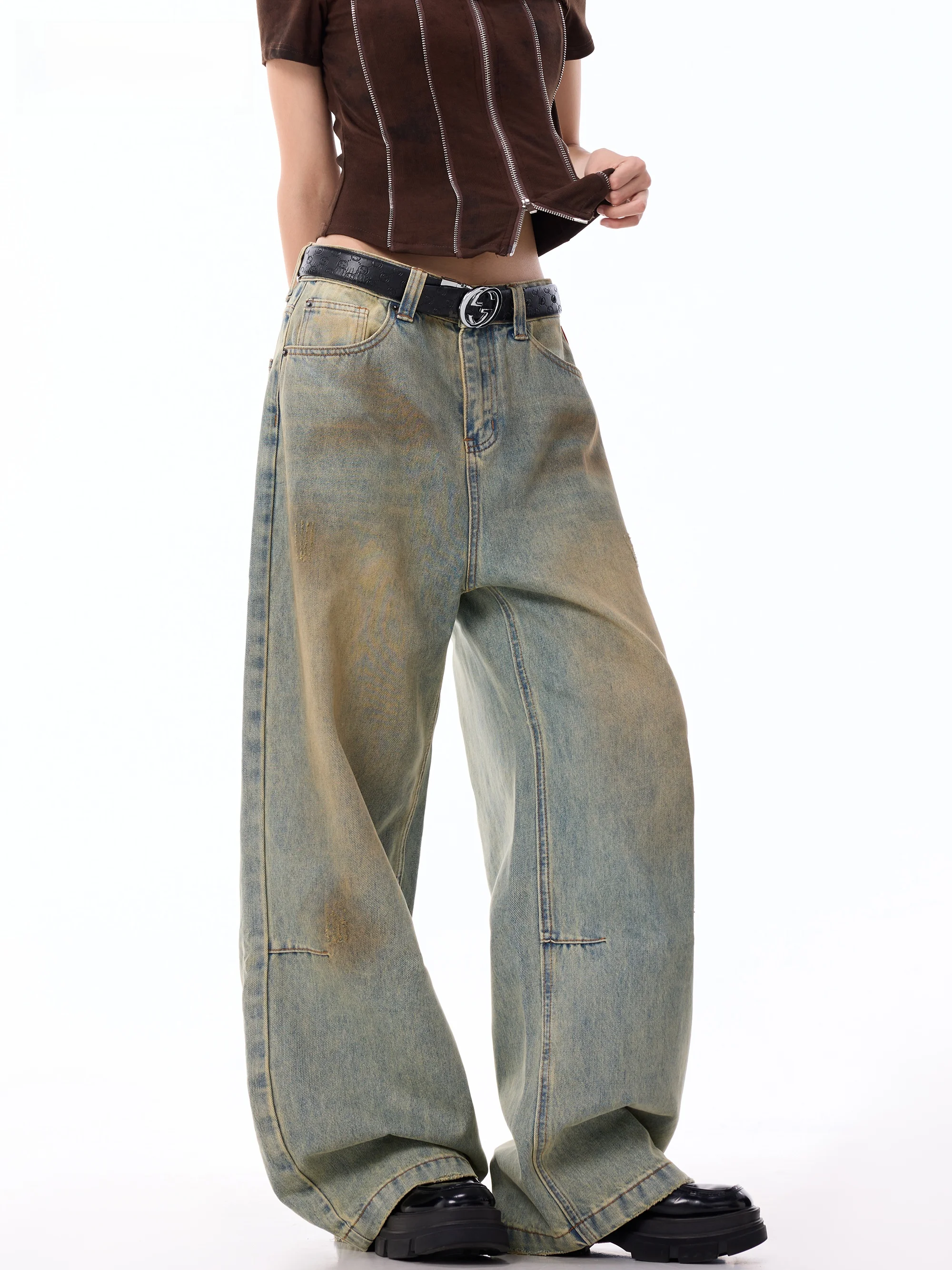 Washed Wide Leg Jeans Women High Street Vintage Deconstructed Loose Straight Slimming Long Trousers Casual Cotton Polyester