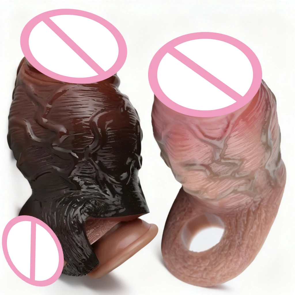 FAAK Black Thick Open-ended Penis Sleeve Large Silicone Realistic Hollow Dildo With Penis Ring Cock Enlarger Sex Toys For Men
