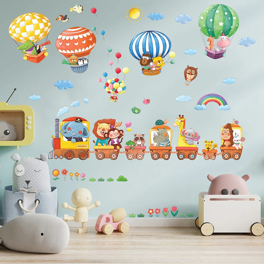 Watercolor Animal Train Air Balloons Wall Sticker Baby Nursery Kids Room Rainbow Bird Cloud Flora Wall Decal Bedroom Home Decor