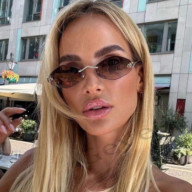 Fashion Small Polygonal Sunglasses for Women Luxury Brand Rmless Brown Rhombus Sun Glasses Woman Vintage Metal Shades Eyewear