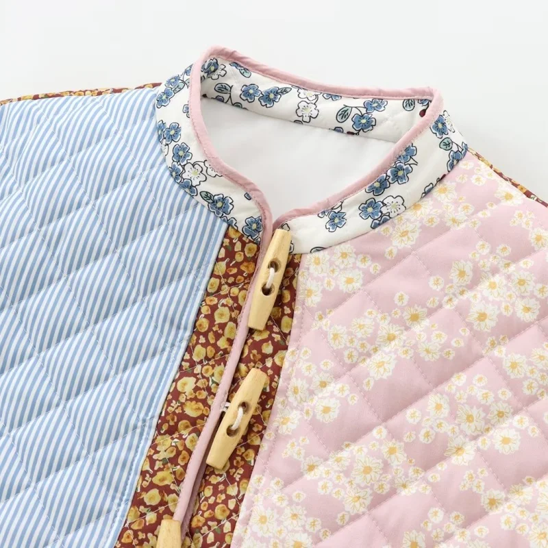 Casaco feminino de algodão com patchwork multicolorido, gola alta, bolsos laterais, manga comprida, para passeio e compras, moda outono-inverno.