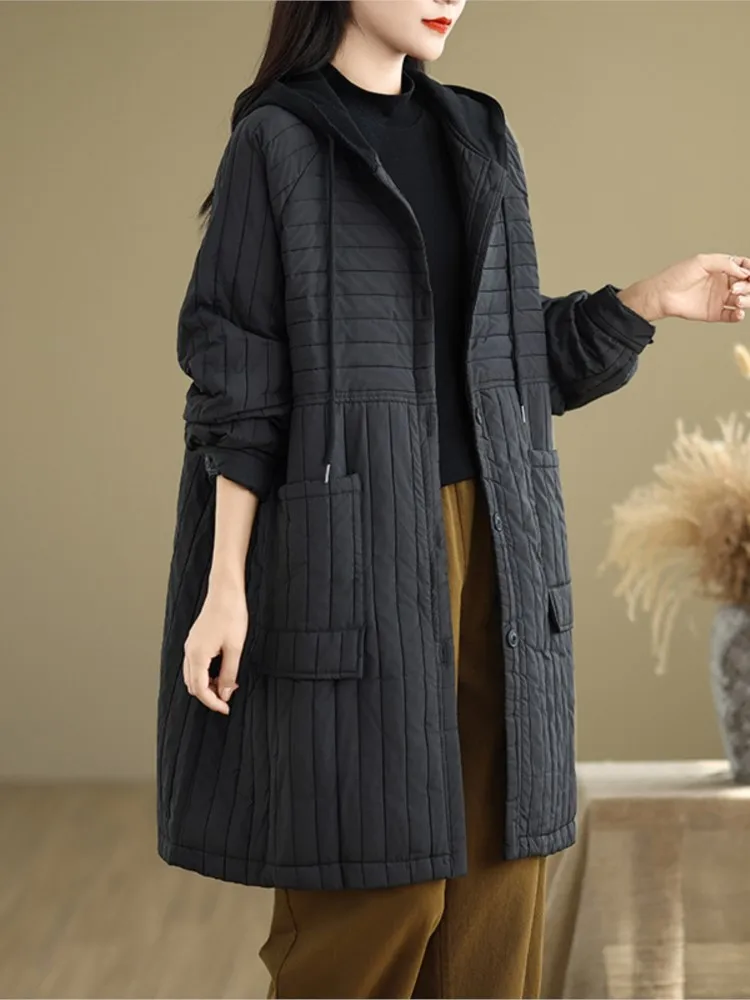 Oversized Autumn Winter Hooded Padded Cotton Coat Women Loose Pleated Fashion Ladies Jackets Long Sleeve Casual Woman Midi Coats