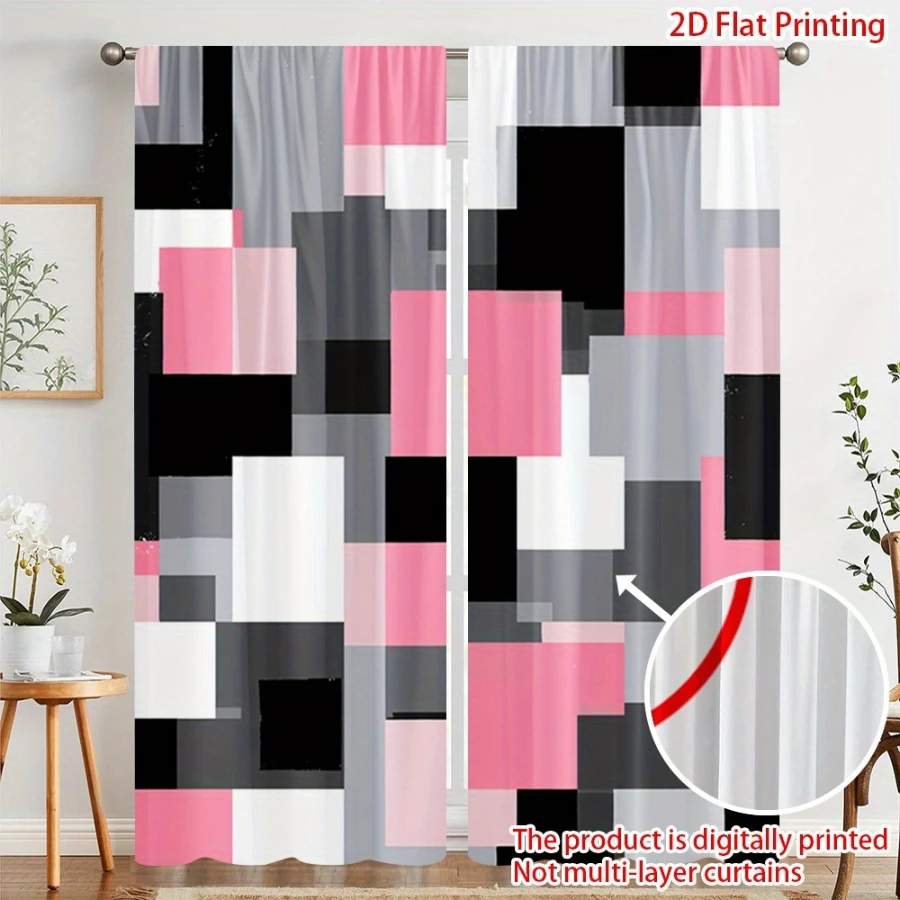 2PCS Digital Printed Curtains with Pink Ink Squares Design, Stylish Window Drapes for Living Room Bedroom Home Decoration