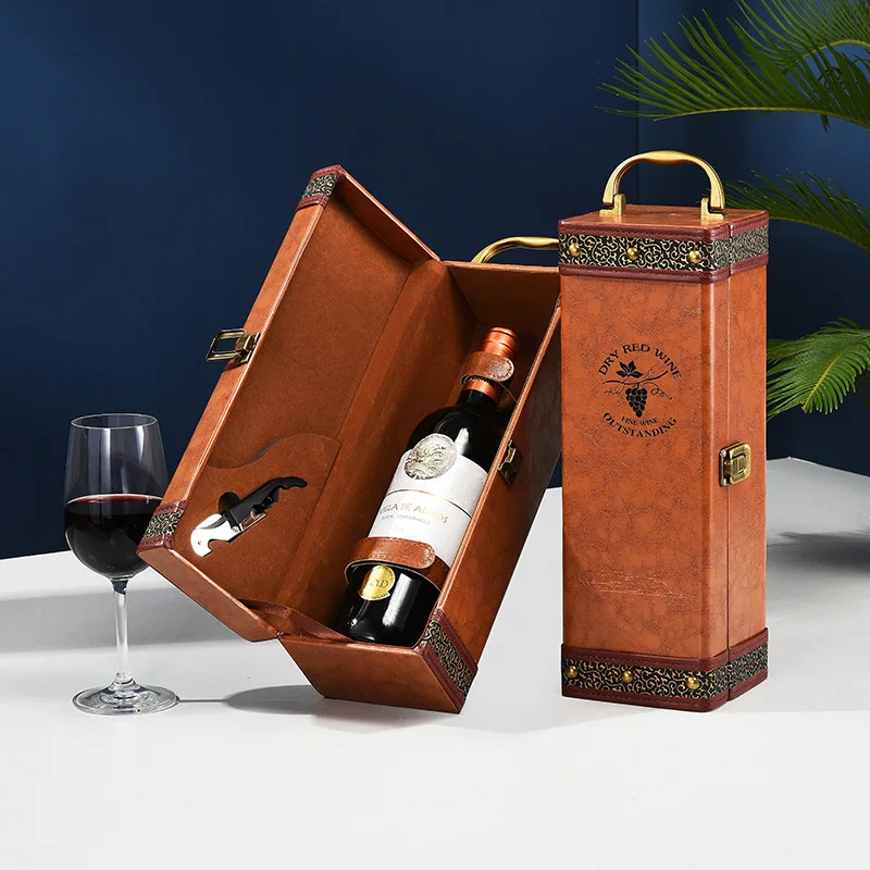 PU Leather Vintage Single Red Wine Storage Gift Box Holder Ring Paper Cutter Seahorse Knife Pourer Wooden view 3