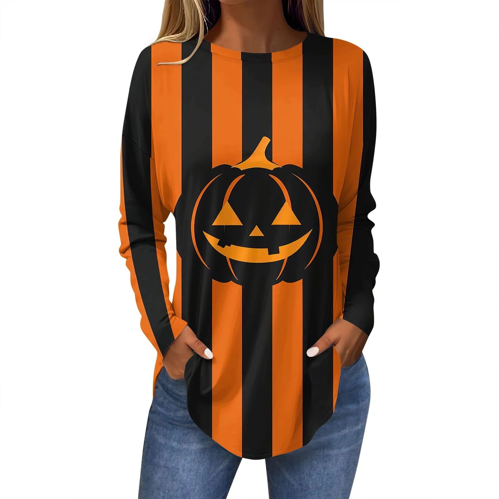 توب فضفاض برقبة دائرية للنساء ، طباعة الهالوني ، أكمام طويلة ، تنحنح منحني ، بلوفر أساسي ، قمم تناسب كل شيء ، الربيع والخريف