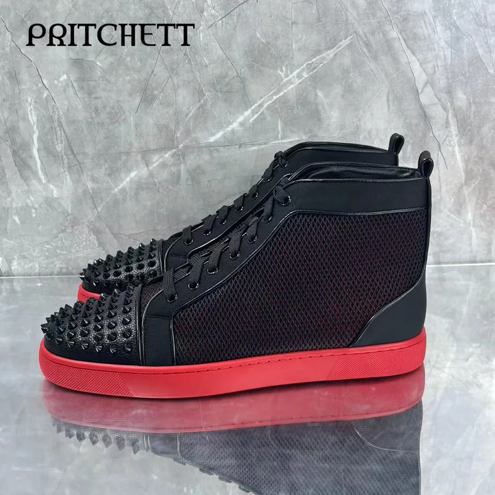 

Black Rivet Color Matching Casual Shoes Round Toe Mesh Lace-Up High-Top Shoes Personality Daily Large Size Men's Shoes