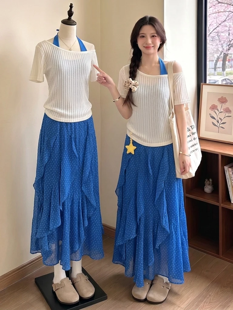 

Large Size Women's Klein Blue Strap Dress Outerwear Two-Piece Set Summer Fashion Casual High Waist Long Skirt Commute Style