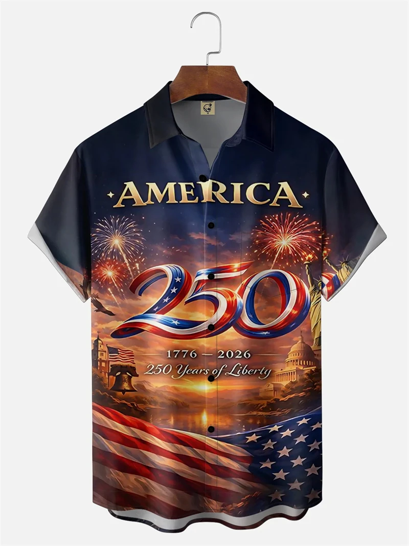 

Мужская гавайская рубашка в честь 250-летия США 1776-2026 с 3D-принтом американского флага, повседневная летняя рубашка с коротким рукавом на пуговицах