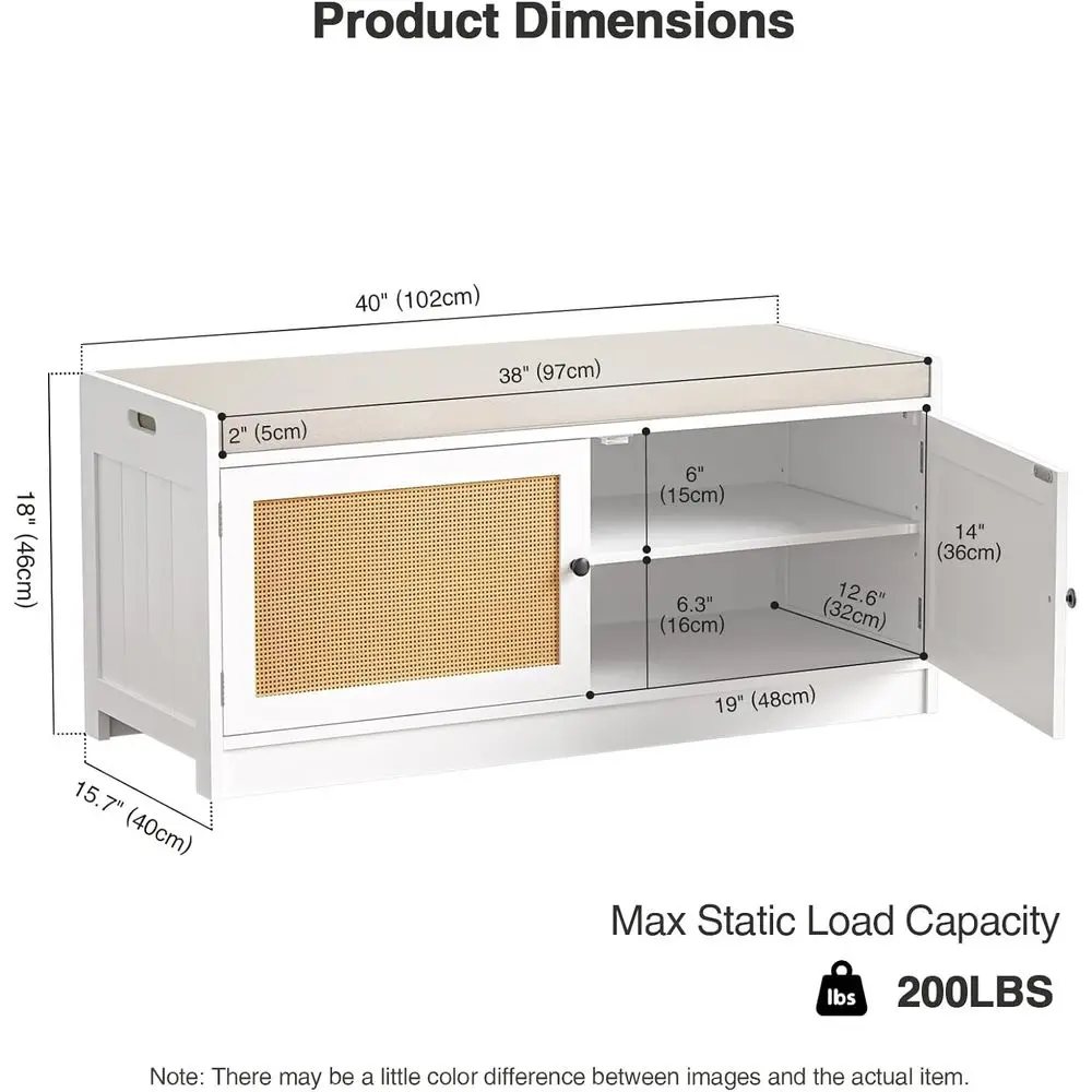 مقعد تخزين أحذية الروطان باللون الأبيض على طراز بوهو مع وسادة للممر وغرفة النوم