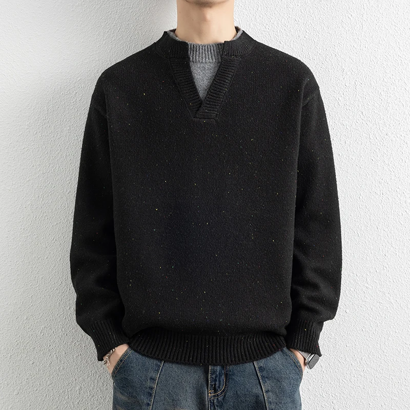 

Japanese Style Sweater for Men Autumn Winter Streetwear Plain V-neck Fake 2 Piece Collar Pullover Sweaters Men Clothing Stylish