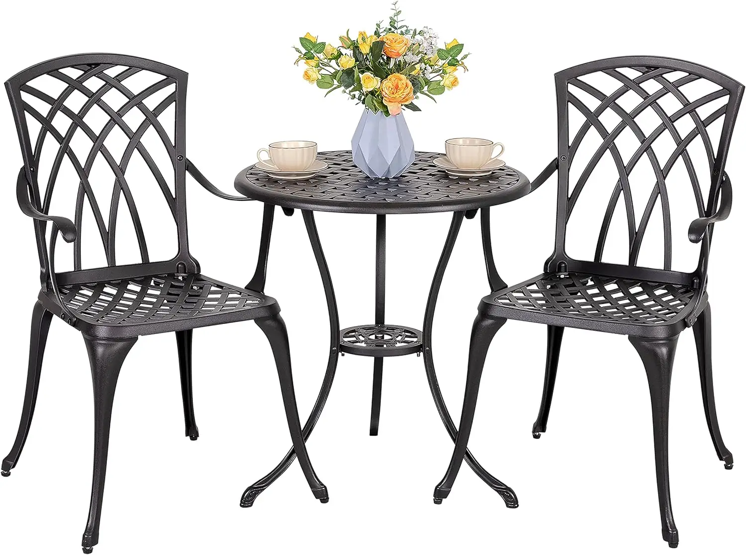 3 Piece Cast Aluminum Bistro Table and Chairs Set with Umbrella Hole Bistro Set of 2 for Patio Backyard