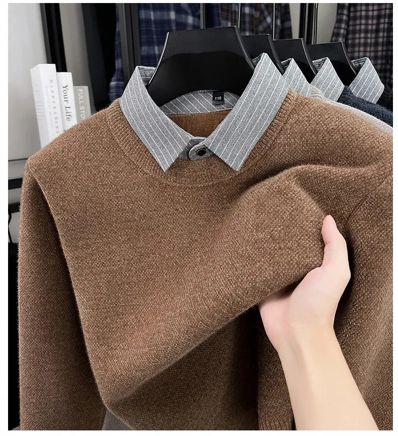 Hochwertiger, warmer Plüsch-Strickpullover für Herren, Herbst-Winter-Komfort, lässige Mode, gefälschter zweiteiliger gestreifter Hemdkragen-Pullover – Detail 4