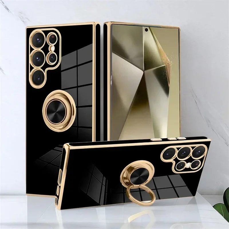 Ring Holder Plated Phone Case for Samsung Galaxy S25 Edge Note 20 Ultra S24 S23 Plus S22 S21 S20 FE Shockproof Protective Case
