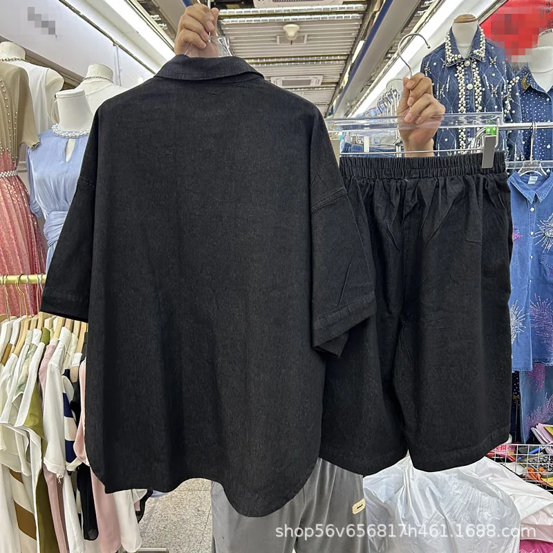 أزياء الربيع الصيف النساء الدنيم مجموعات الساخن الحفر فراشة فضفاضة قصيرة الأكمام قميص أعلى + الخرز مرونة الخصر واسعة الساق السراويل