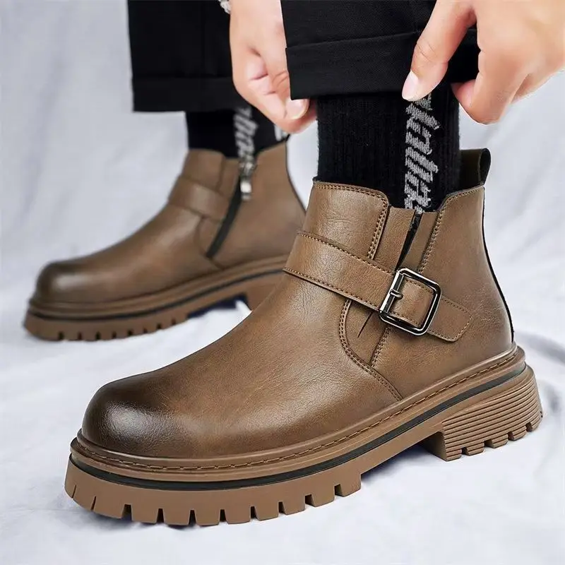 2024 Men's Autumn Winter Leather High Top Tooling Boots Thick Sole Non Slip Zipper British Style High Quality Retro Ankle Boots