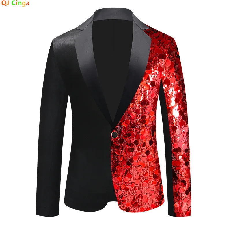 

New Autumn Red Men's Long-sleeved Suit Jacket with Round Metal Sequin Decoration Blazers, Wedding/Party/Stage Coat.