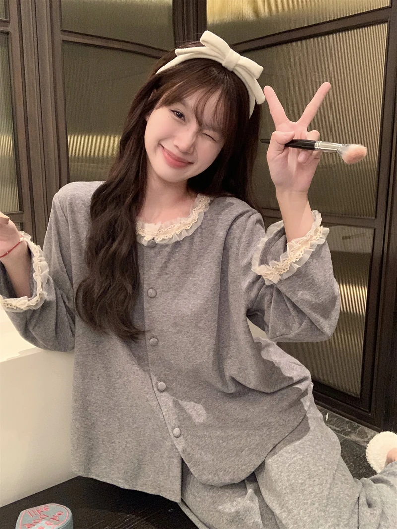 

Thiened Long Sve Towel Velvet Spwear Women's Korean Sle Simple Design ey Cute Lace Warm Home Clothes Set