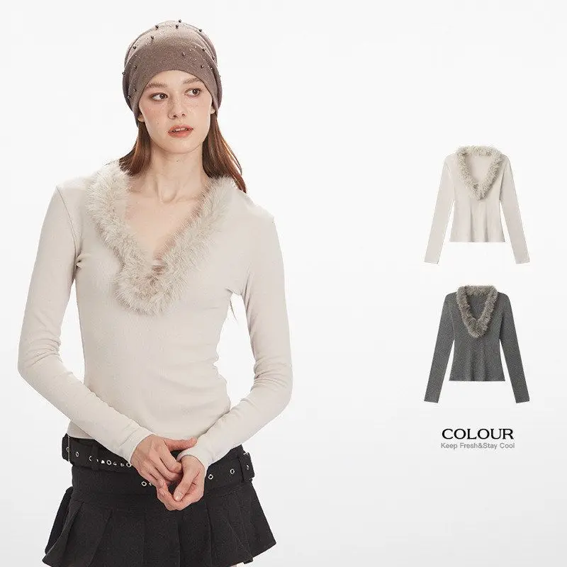 

HeyHenry2025T-irt Women's Slim Fit Long Sve V-Ne Base Layer Top Faionable Commute Sle Korean Version Velvet Fabric