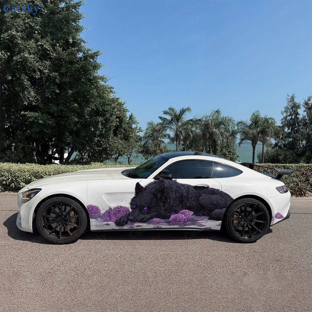 2pcs Lying Black Wolf Floral Car Side Wraps, Self-Adhesive PVC Waterproof & Scratch-Resistant Stickers, Car Accessory Gift
