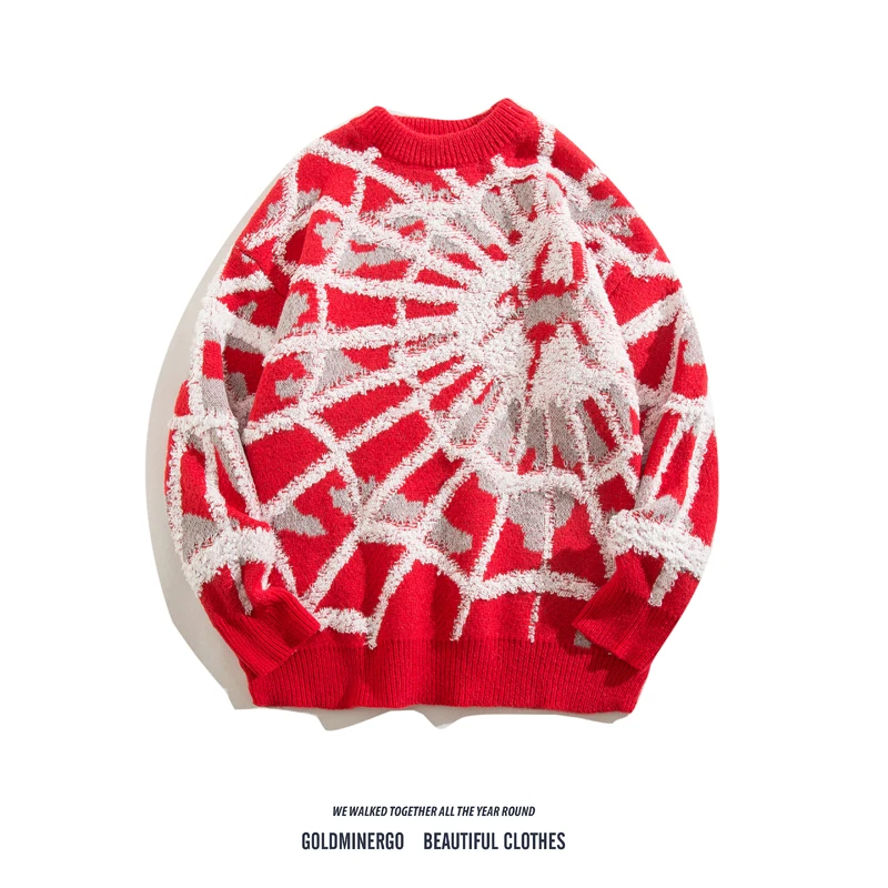 

Мужской вязаный свитер оверсайз с вышивкой паука в американском стиле, осенне-зимний, модный, повседневный, с круглым вырезом