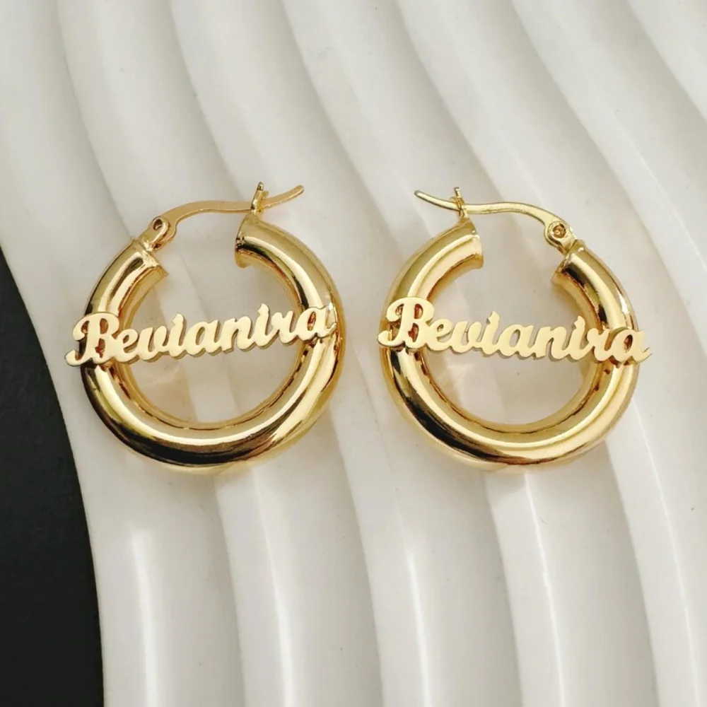 LeeChee 25mm Chunky Round Hoop Custom Name Jewelry Gift Personalized Earrings