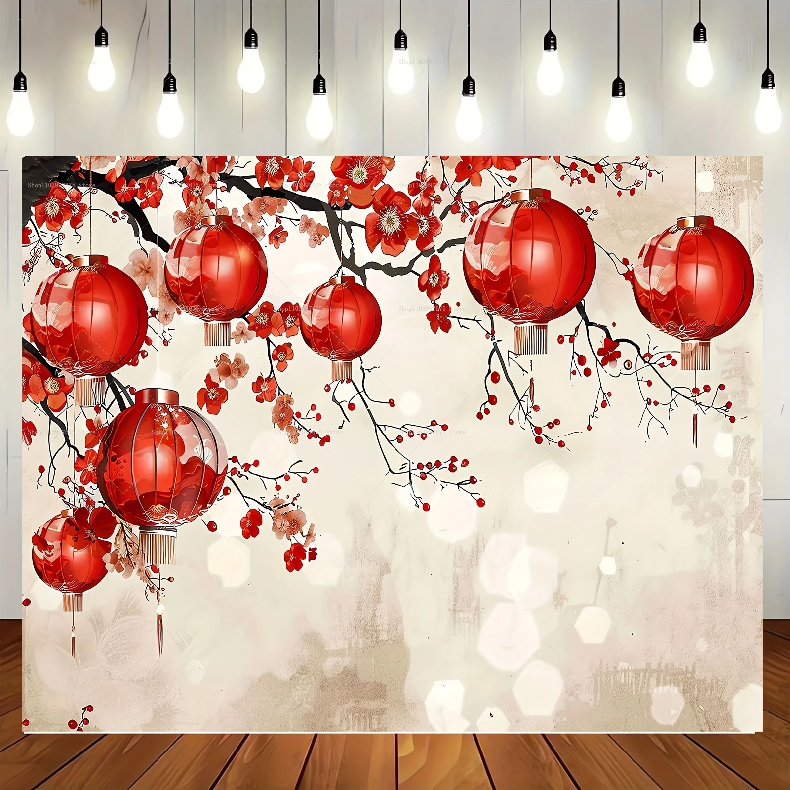 Chinese New Year Theme Party Backdrop Lantern Flower Spring Festival Decoration Photography Background Banner Photo Booth Props