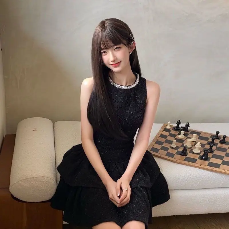 2024 Summer New Style Small Black Dress High-end Birthday Sleeveless Sparkling Dress Temperament Vest Slimming and Fluffy Skirt