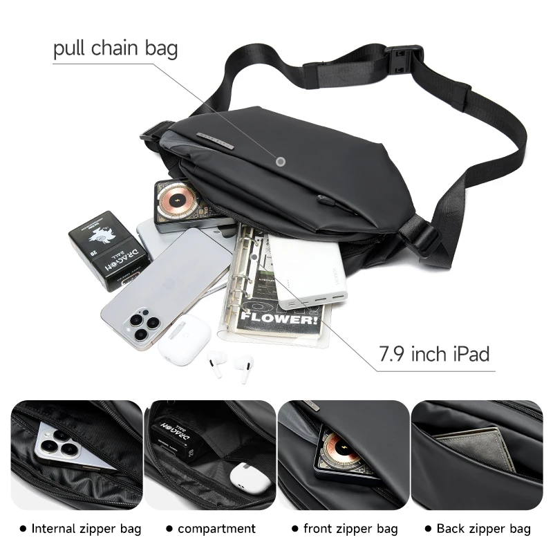 Fashion Sling Bags for Men Waterproof Crossbody Bag fit  7.9 inch iPad Fanny Pack with Metal Zips Travel Sports