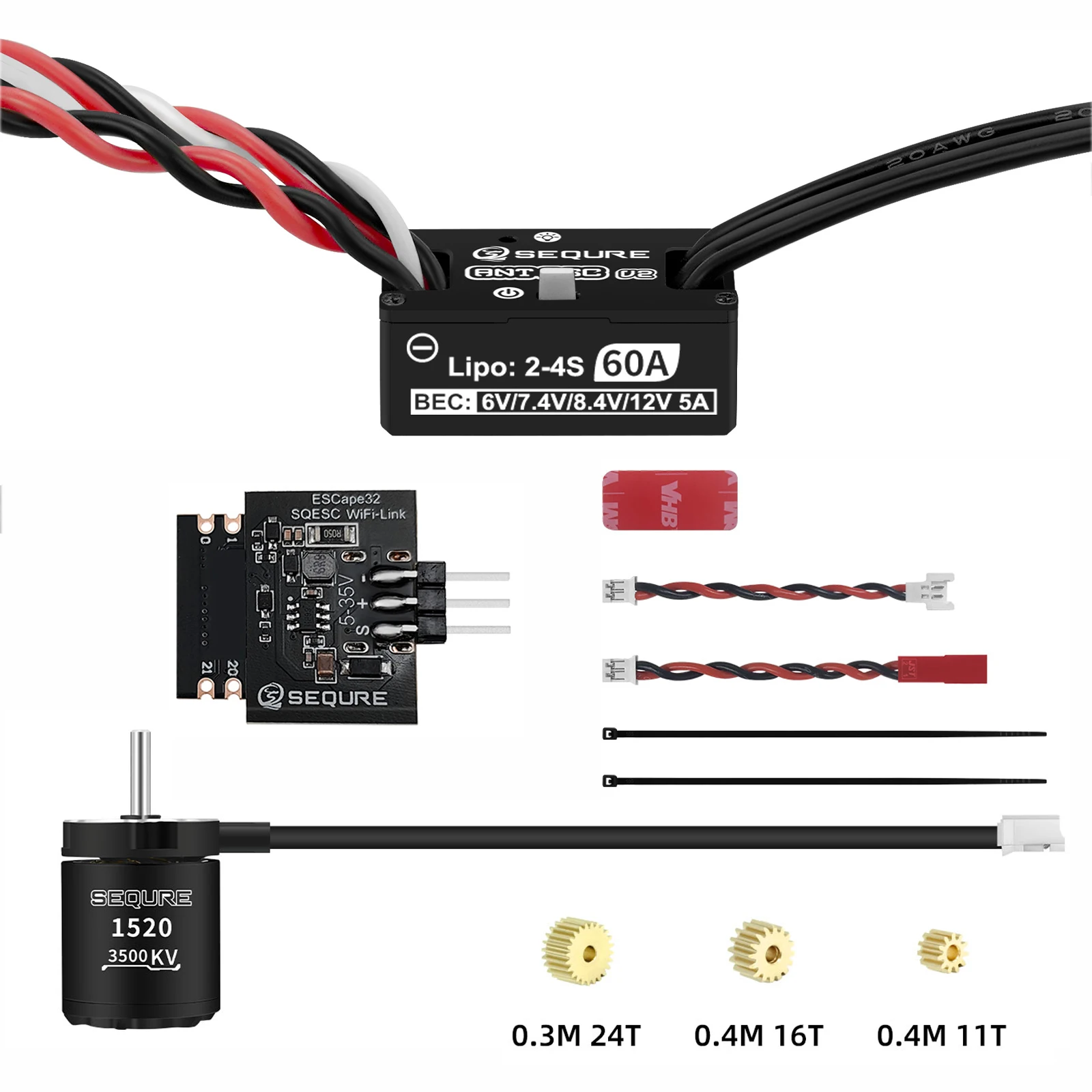 SEQURE ANT ESC V2 & 1520 Motor 2-4S 60A High Performance Outer Rotor Brushless Power Kit for 1/24, 1/18, 1/16 RC Climbing Car