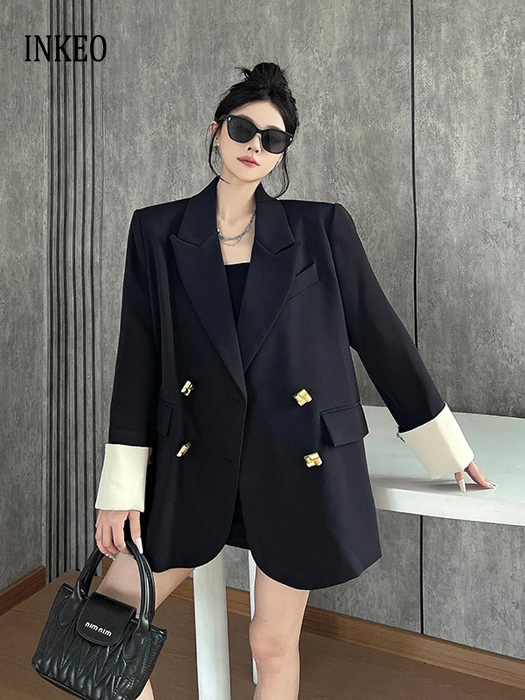 

Уличная одежда, блейзер с блестящими металлическими пуговицами, женский блейзер 2025, новая мода, контрастный цвет, куртка с зубчатым воротником, свободный костюм INKEO 5O104