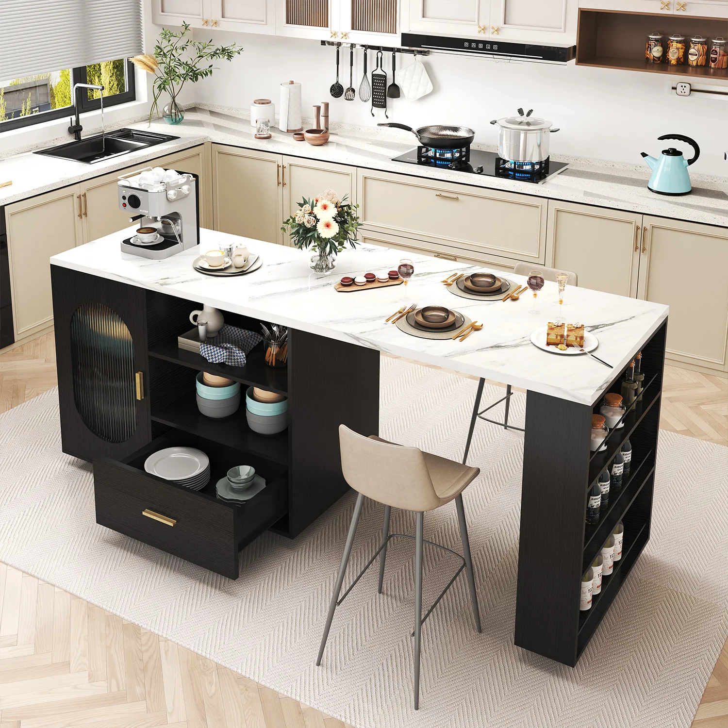 Custom 360°Swivel Kitchen Cabinet with Drawer and Shelves Mobile Kitchen Island with Wheels for Dining Room Home Bar Kitchen