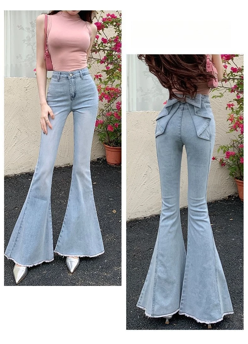 Bow Tie Jeans Women's American Vintage Three-dimensional Micro-large Summer Thin Pants New High-waisted Skinny Hip Flare Pants
