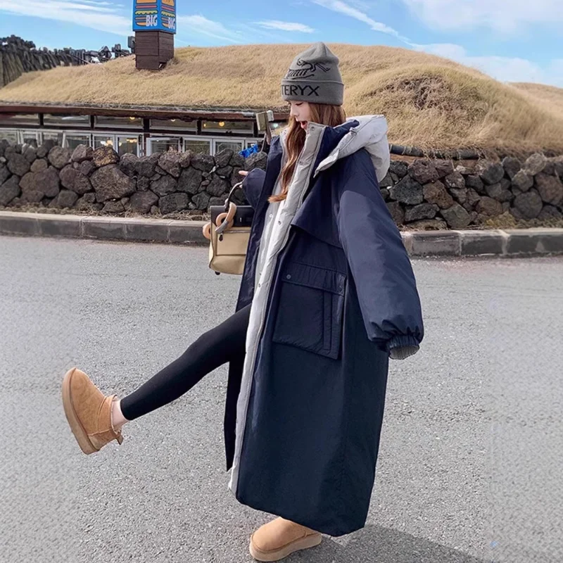 女性用ダウンジャケット 両面着用可能 韓国風パッド入りジャケット ロングルーズフード付き厚手ウィンドブレーカー 新しいダウンコート