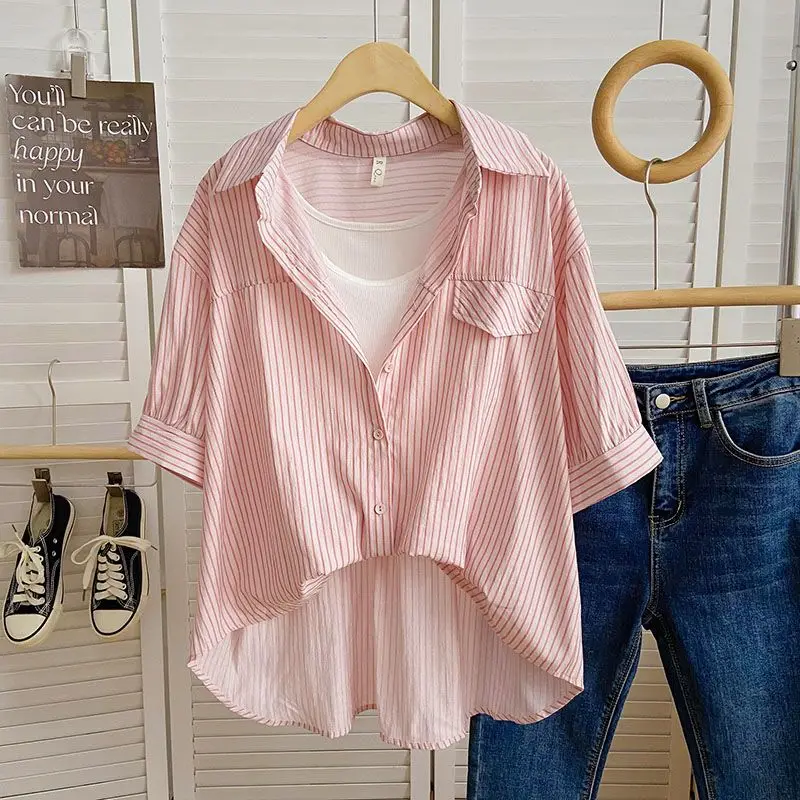 

Summer Women Casual Fashion Stripe Patchwork Fake Two Piece Shirts Lady Trendy Joker Polo Collar Short Sleeve Tops New Blouse