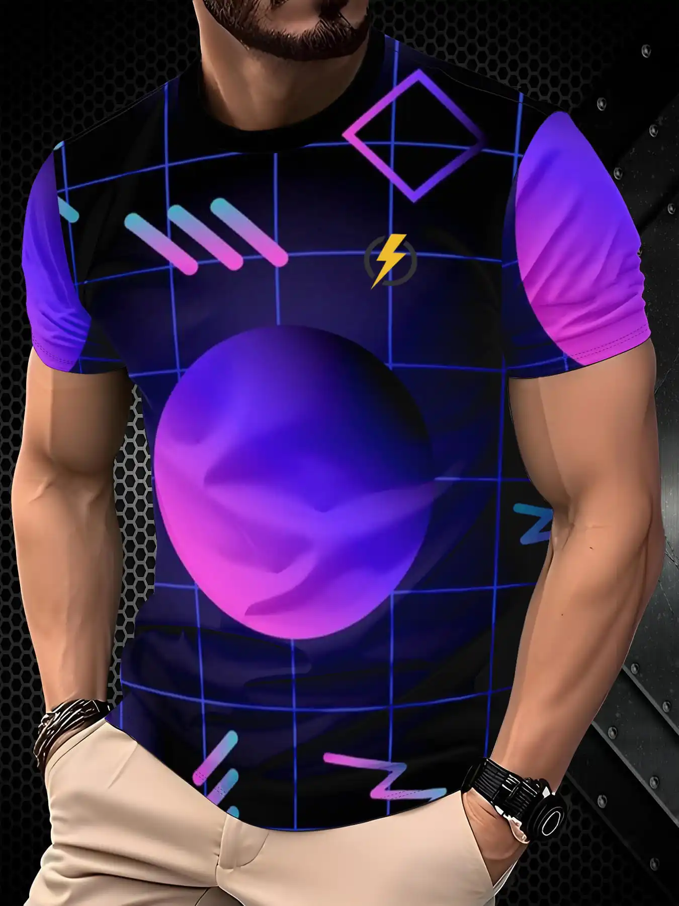 Men Black Background Blue Grid Purple Pink Gradient Sphere Square Slash Geometric Line Print Crew Neck Short Sleeve T-shirt